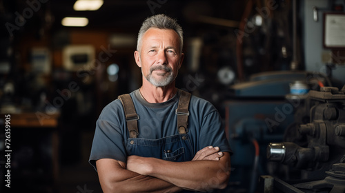 the owner of a truck repair shop stands confidently, The background captures the essence of the repair shop environment, with tools and trucks subtly visible, © Sadia