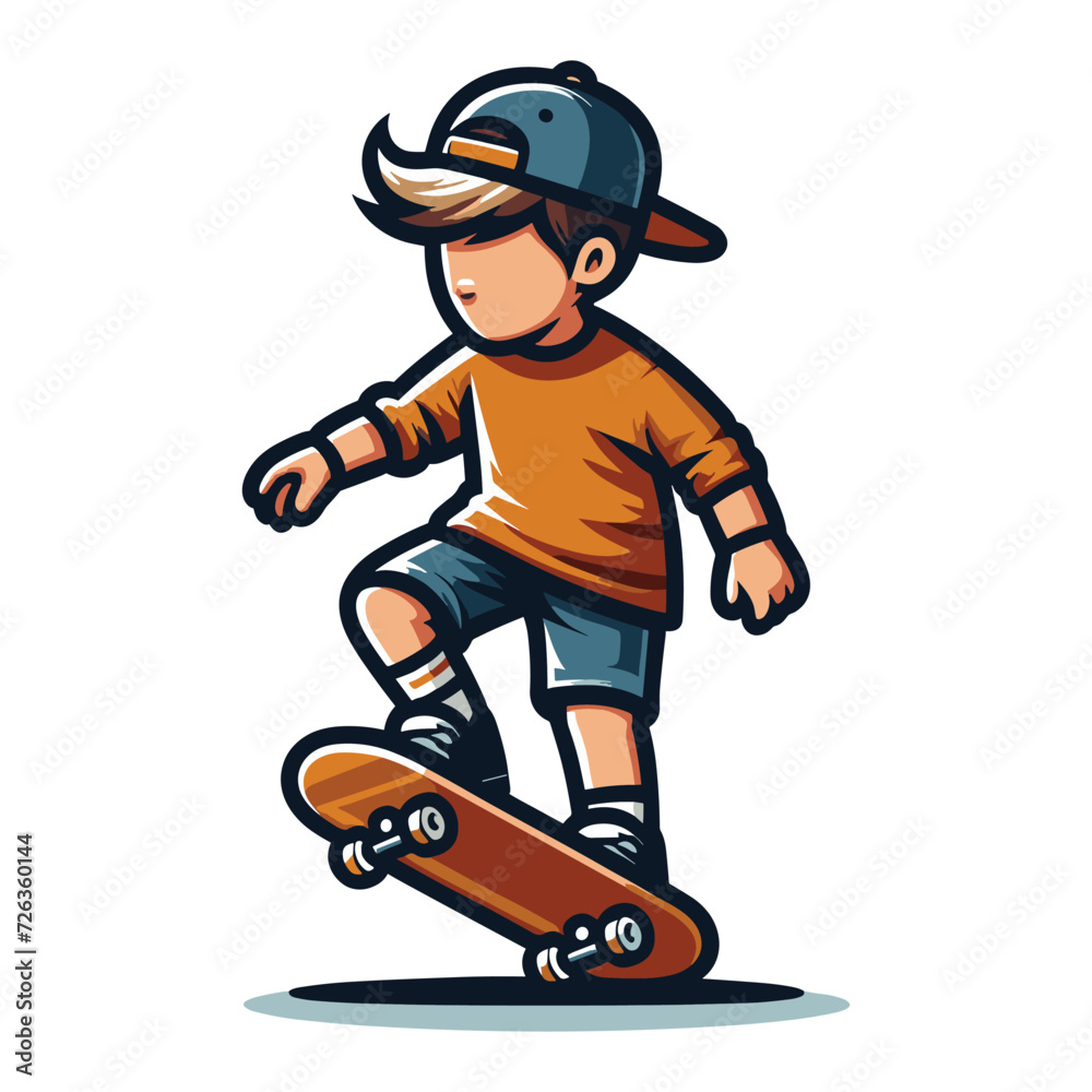 happy cute little kid boy playing skateboard vector illustration, boy skater design template isolated on white background