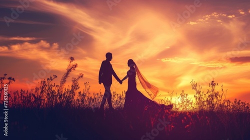 Silhouette of a couple against the backdrop of sunset. Romantic scene of lovers. Wedding concept