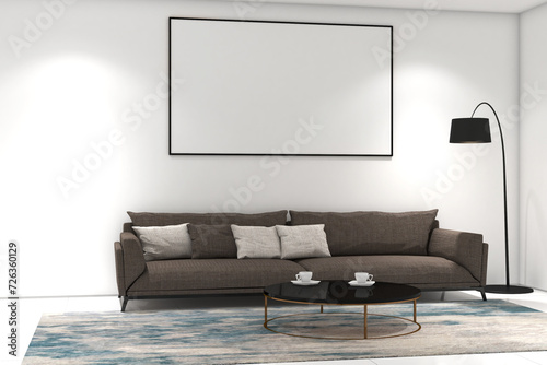 Modern living room with frame mock up on the wall. Design 3d rendering of gray and white images. Design print for illustration, presentation, mock up, interior, cover, zoom background. Set 7 photo