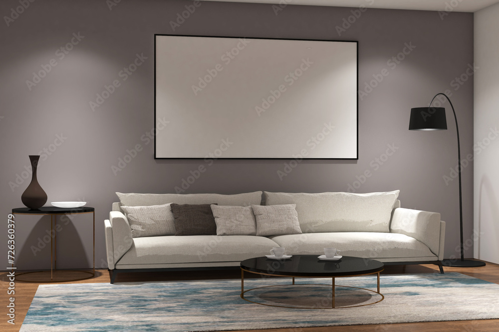 custom made wallpaper toronto digitalModern living room with frame mock up on the wall. Design 3d rendering of gray and white images. Design print for illustration, presentation, mock up, interior, cover, zoom background. Set 13