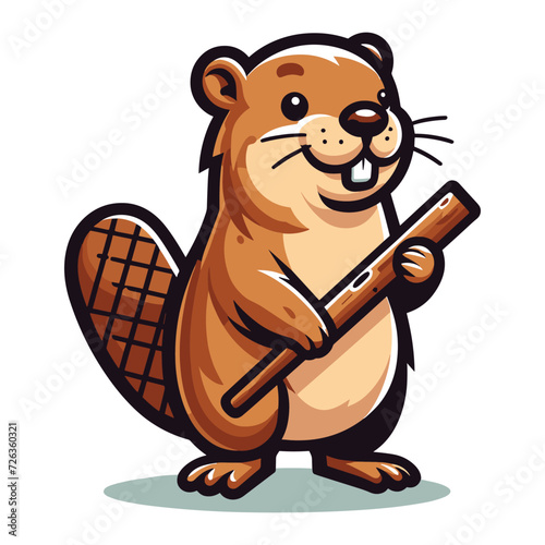 Cute adorable beaver cartoon character vector illustration, funny animal brown beaver flat design mascot logo template isolated on white background photo