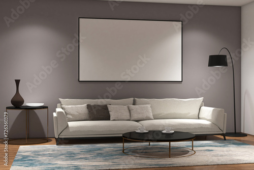 Wallpaper Mural Modern living room with frame mock up on the wall. Design 3d rendering of gray and white images. Design print for illustration, presentation, mock up, interior, cover, zoom background. Set 13 Torontodigital.ca