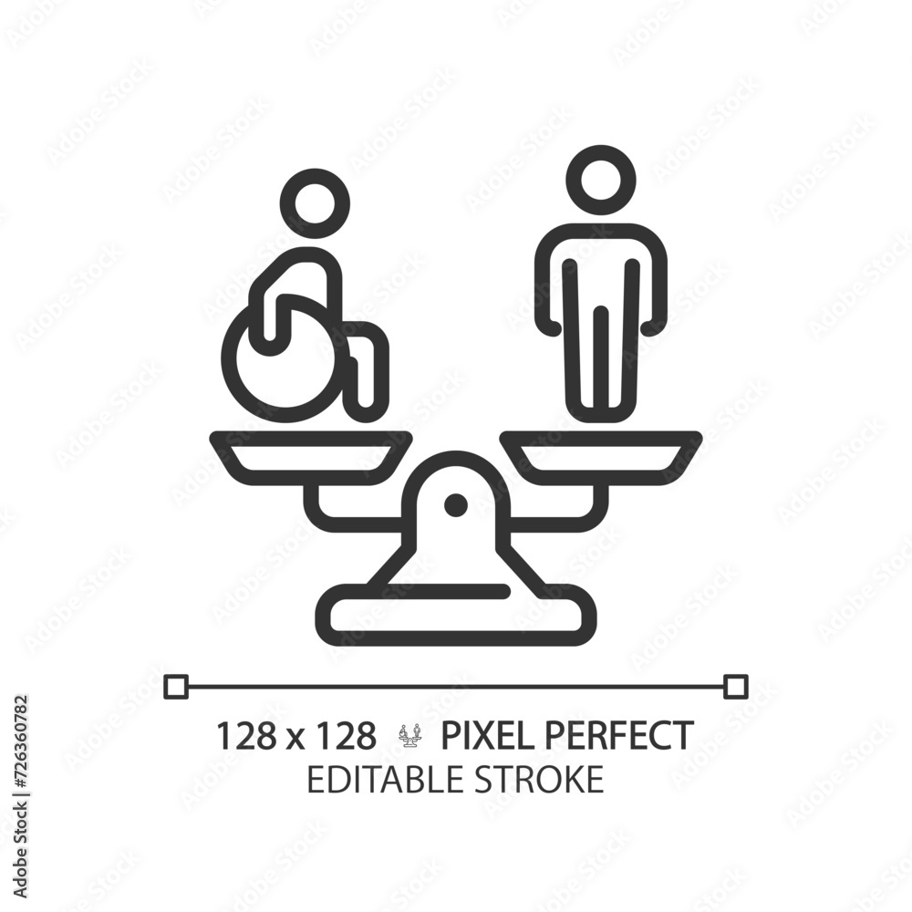 Equality and diversity linear icon. Disability rights, community service. Disabled person equal special needs. Thin line illustration. Contour symbol. Vector outline drawing. Editable stroke Equality and diversity linear icon. Disability rights, community service. Disabled person equal special needs. Thin line illustration. Contour symbol. Vector outline drawing. Editable stroke