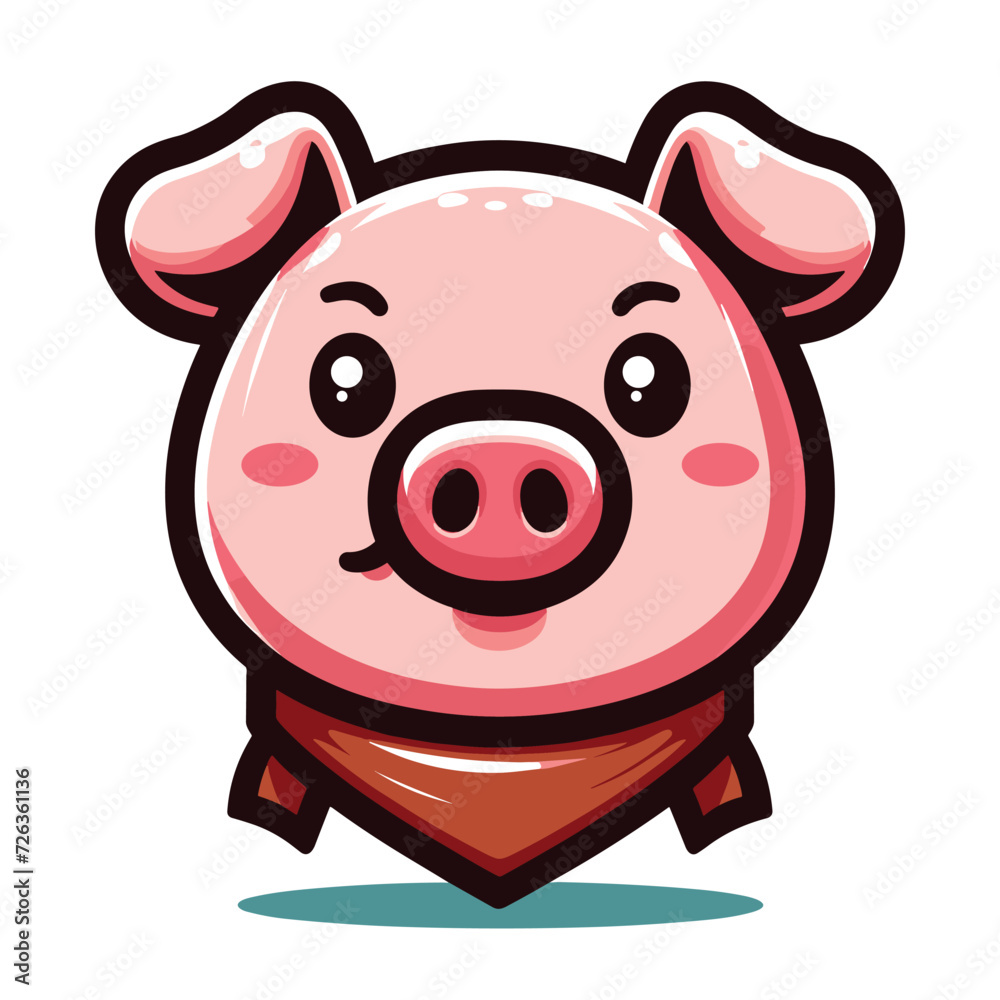 Fototapeta premium Cute adorable pig head face cartoon character vector illustration, funny piggy flat design template isolated on white background
