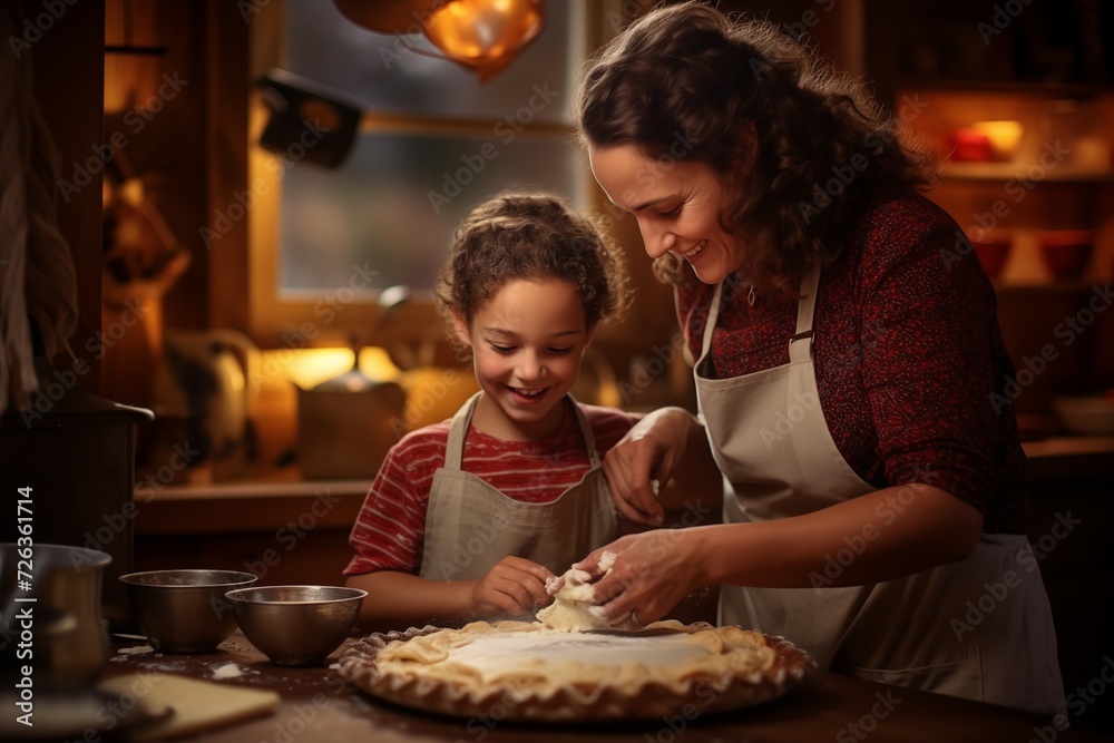 mother s with her kids cooking pie in the kitchen to day casual lifestyle real life interior homey homelike home environment holiday village traditional values candles concept image of a proper family - obrazy, fototapety, plakaty 