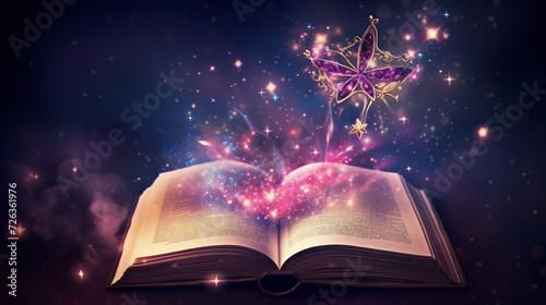 Magic book with magic wand and stars