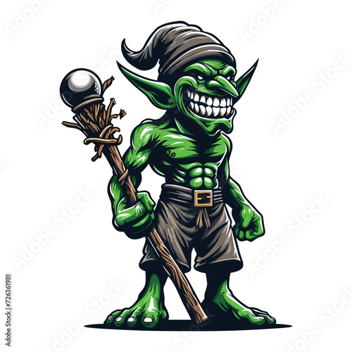 Goblin orc with magic wand vector character illustration, mythical fantasy horror monster design template isolated on white background