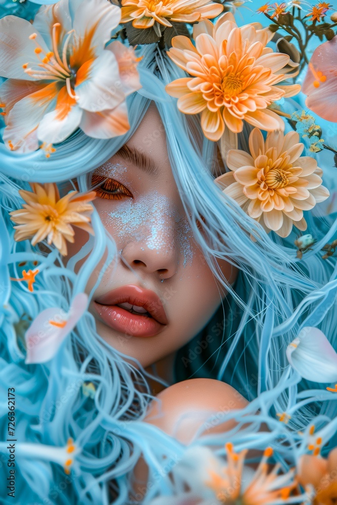 A striking portrait of a human face adorned with delicate flowers, exuding both beauty and strength with its unique combination of blue hair and natural elements