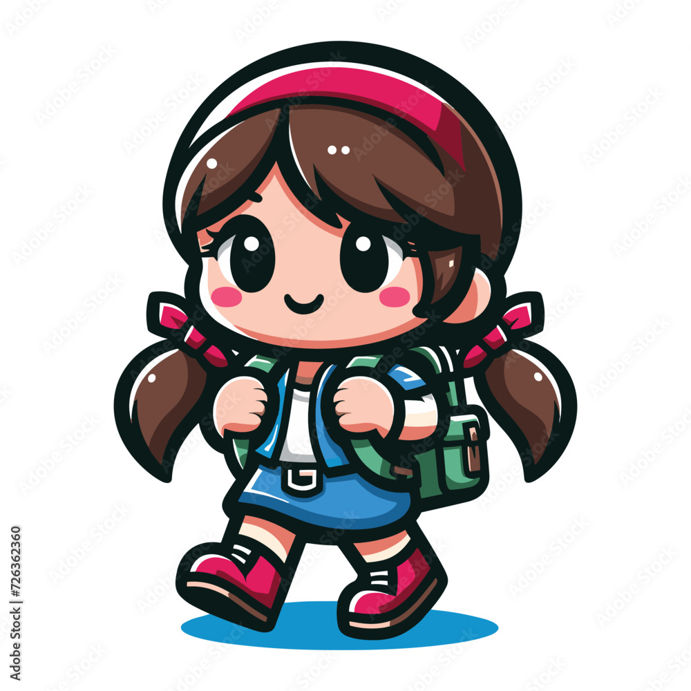 Cute little children stand with backpack, smiling kid heading to school cartoon character, vector illustration isolated on white background