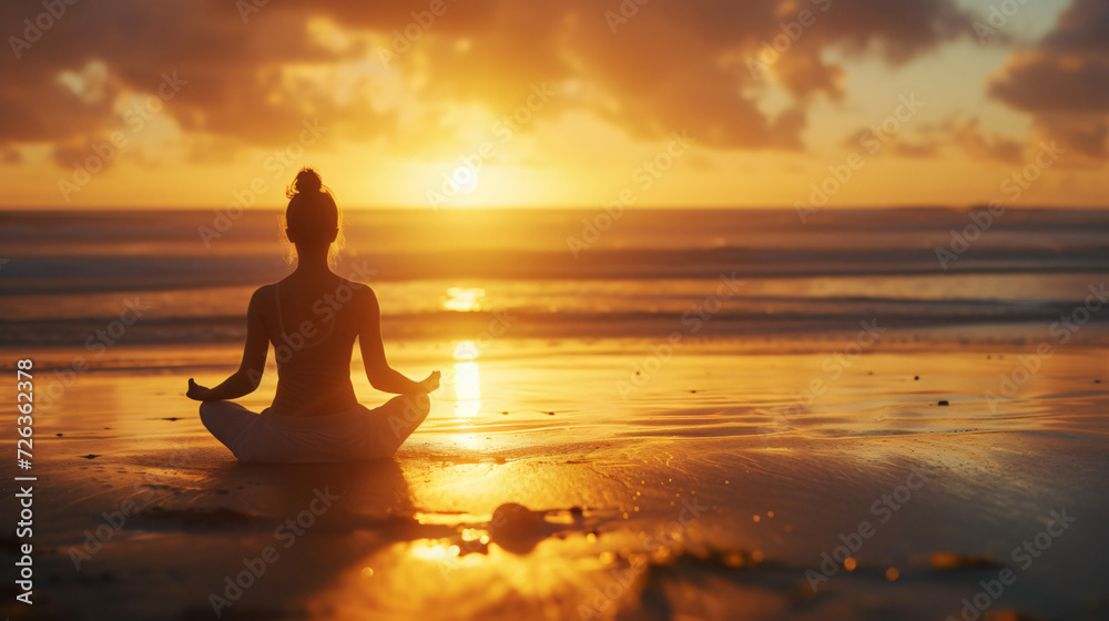 A serene yoga session at sunrise on a tranquil beach.