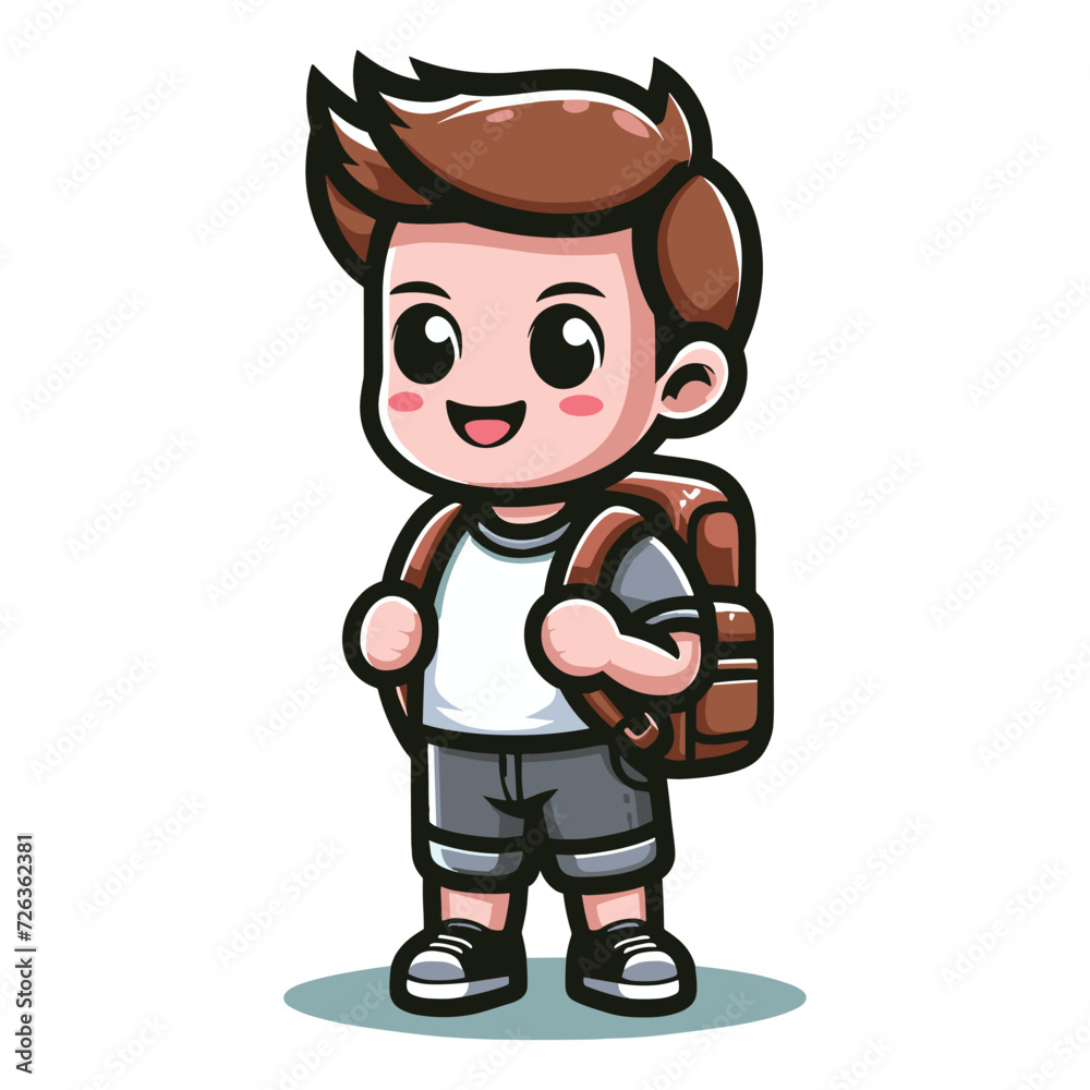 Cute little children stand with backpack, smiling kid heading to school cartoon character, vector illustration isolated on white background