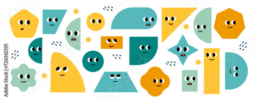 Set of bright basic geometric shapes with facial emotions. Different shapes. Cute characters. Vector illustration for kids, isolated background