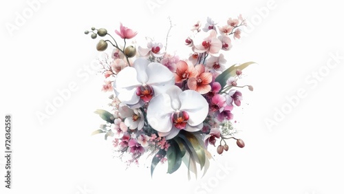Elegant and unique bouquet of orchids on a white background.