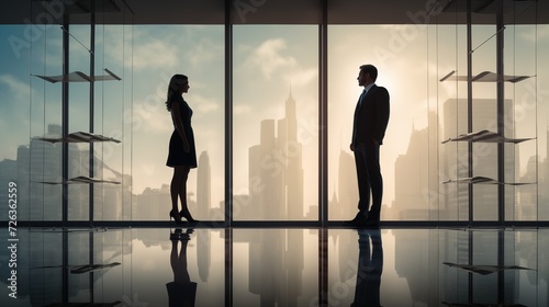 Two business women men female male girl boy office enjoying the city view and talking while standing by the large window in office partners colleagues large windows silhouette of people negotiations