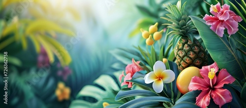 Blooming tropical plants create a beautiful garden with tropical fruits on sunny days. photo