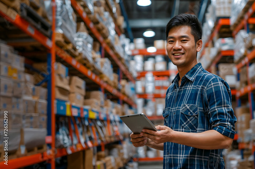 Asian male manager smiling holding a tablet and checking the stock and supplies in a warehouse wearing a blue checked shirt