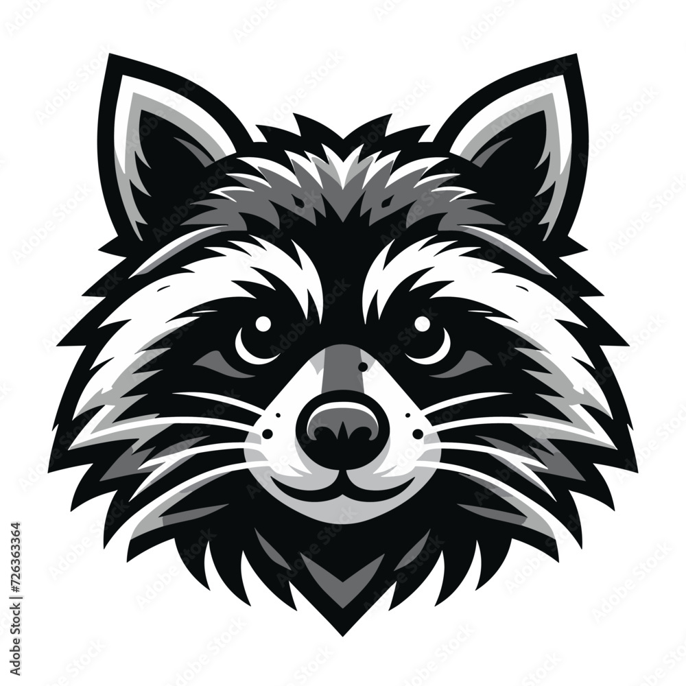 Obraz premium Cute adorable raccoon head face cartoon character vector illustration, funny racoon flat logo design template isolated on white background