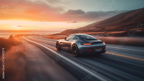 A sleek sports car speeding down a coastal highway at sunset. © Melvin