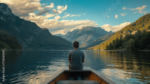 Man sits on a boat, gazing towards the majestic mountain view.