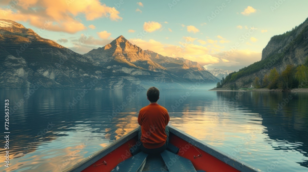 Man sits on a boat, gazing towards the majestic mountain view.