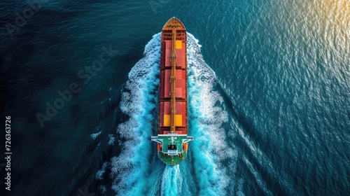 cargo ship seen from above on the high seas