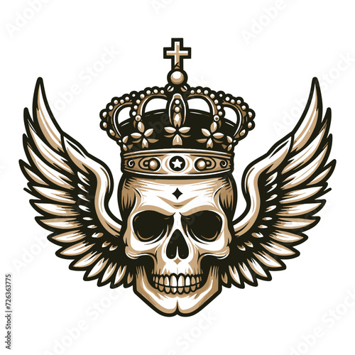 Skull wings crown vector illustration, winged skull badge emblem template suitable for apparel t-shirt, poster, motorbike club logo, tattoo. Design isolated on white background