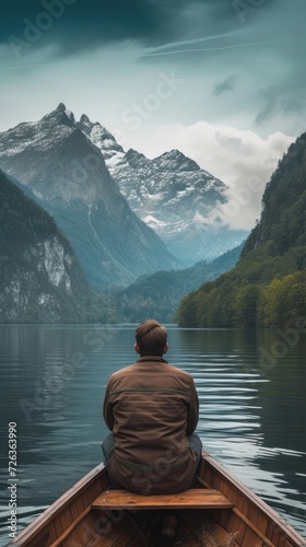 Man sits on a boat, gazing towards the majestic mountain view.