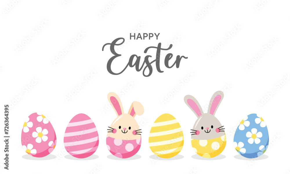 Happy easter banner, poster, greeting card. Bunny, rabbit, eggs in modern minimal style. Cute cartoon design for holiday, spring, seasonal decoration.Vector illustration EPS. Happy easter banner, poster, greeting card. Bunny, rabbit, eggs in modern minimal style. Cute cartoon design for holiday, spring, seasonal decoration.Vector illustration EPS.