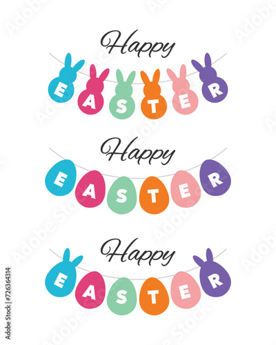 Happy easter bunting flag on white background. Bunny and egg garland, Rabbit pennant. Cute cartoon design elements set for holiday party, event decoration. Vector illustration EPS.
