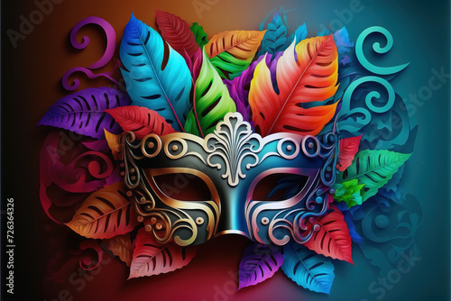 Carnival Venetian mask with colorful feathers on gradient background. party and disguise concept photo