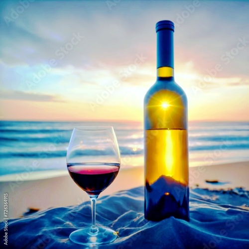 glass and bottle of wine at beach