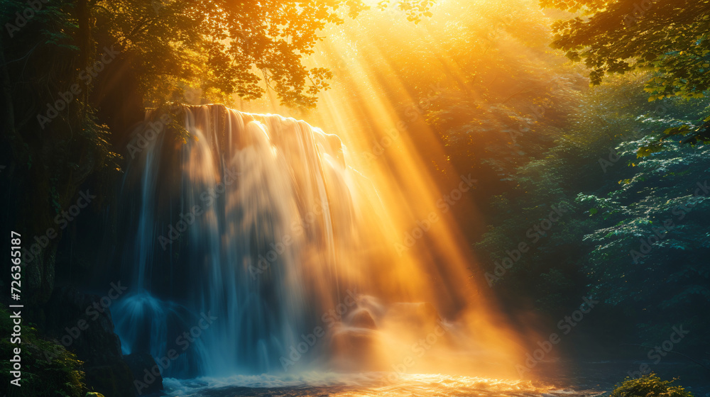 A sunrise view of a waterfall with rays of light piercing through mist.