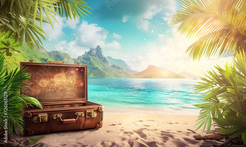 Tropical Beach Vacation Concept with Open Vintage Suitcase