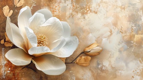 White Magnolia Flower with Golden Textured Abstract Art Background