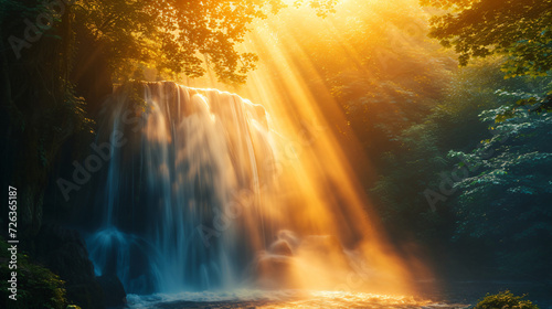 A sunrise view of a waterfall with rays of light piercing through mist.