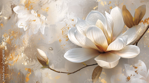 White Magnolia Bloom with Golden Accents on Textured Abstract Background