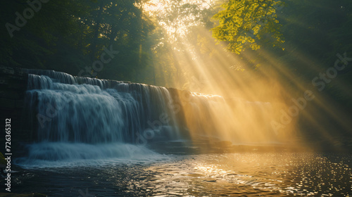 A sunrise view of a waterfall with rays of light piercing through mist.