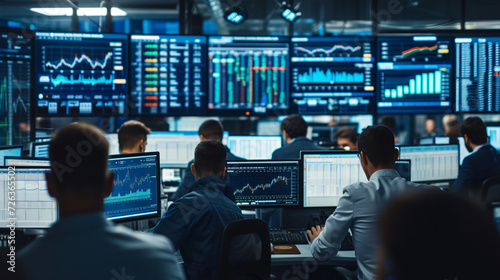 A technology-driven trading floor with multiple screens and active traders.