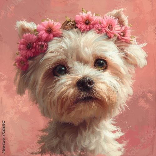white dog with a wreath of pink flowers on her head with big green eyes on a pastel pink background