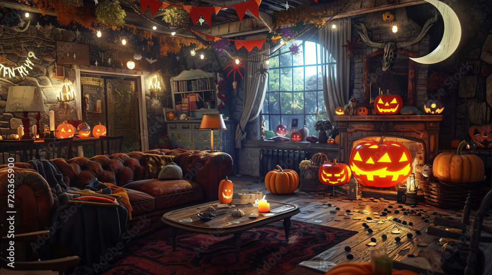 Room decorated for Halloween party
