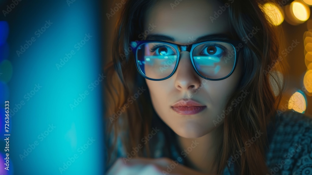 Enhance your project with a compelling image of a woman wearing glasses, closely focused on a computer screen, illustrating dedication and concentration in a modern work setting