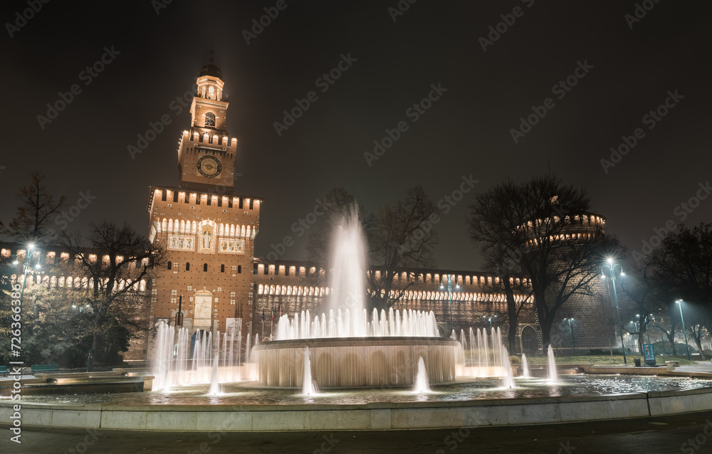 Sforza Castle, Castello Sforzesco, is in Milan, northern Italy. It was built in the 15th century by Francesco Sforza, Duke of Milan, on the remnants of a 14th-century fortification. Fountain