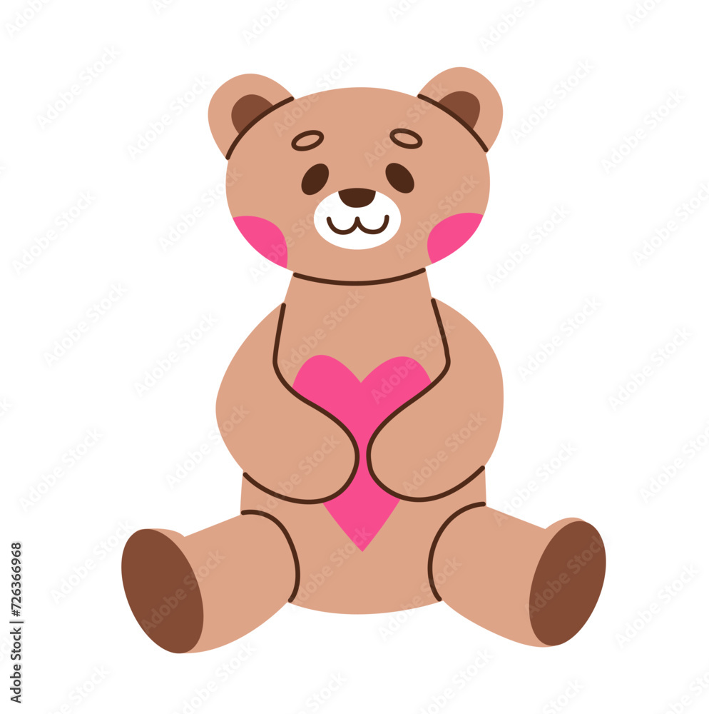 Funny character Teddy holding in paws of big heart. The concept of Valentine's Day. Flat vector illustration. Funny character Teddy holding in paws of big heart. The concept of Valentine's Day. Flat vector illustration.