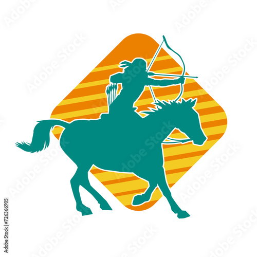 Silhouette of an ancient cavalry soldier aiming with archery weapon. Silhouette of an archer on his running horse.