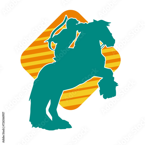 Silhouette of an ancient cavalry soldier aiming with archery weapon. Silhouette of an archer on his running horse.
