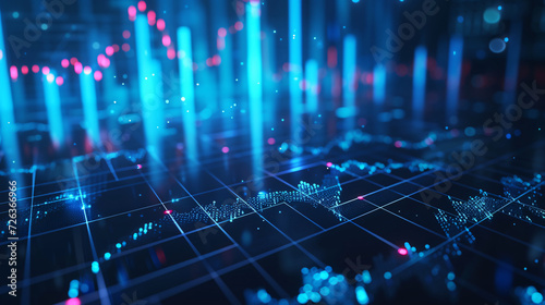 Digital Financial Data Visualization with Glowing Blue Neon Grid and Cyber Concept