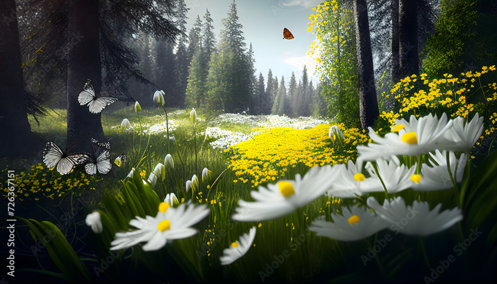Easter spring background with forest meadow with white spring flowers and yellow butterflies on a sunny day. Generative AI.