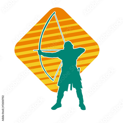 Silhouette of a male archer warrior in action pose. Silhouette of a man fighter carrying archery weapon.