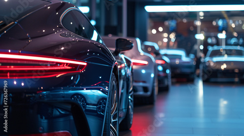 A luxury car showroom featuring the latest models under dramatic lighting. © Melvin
